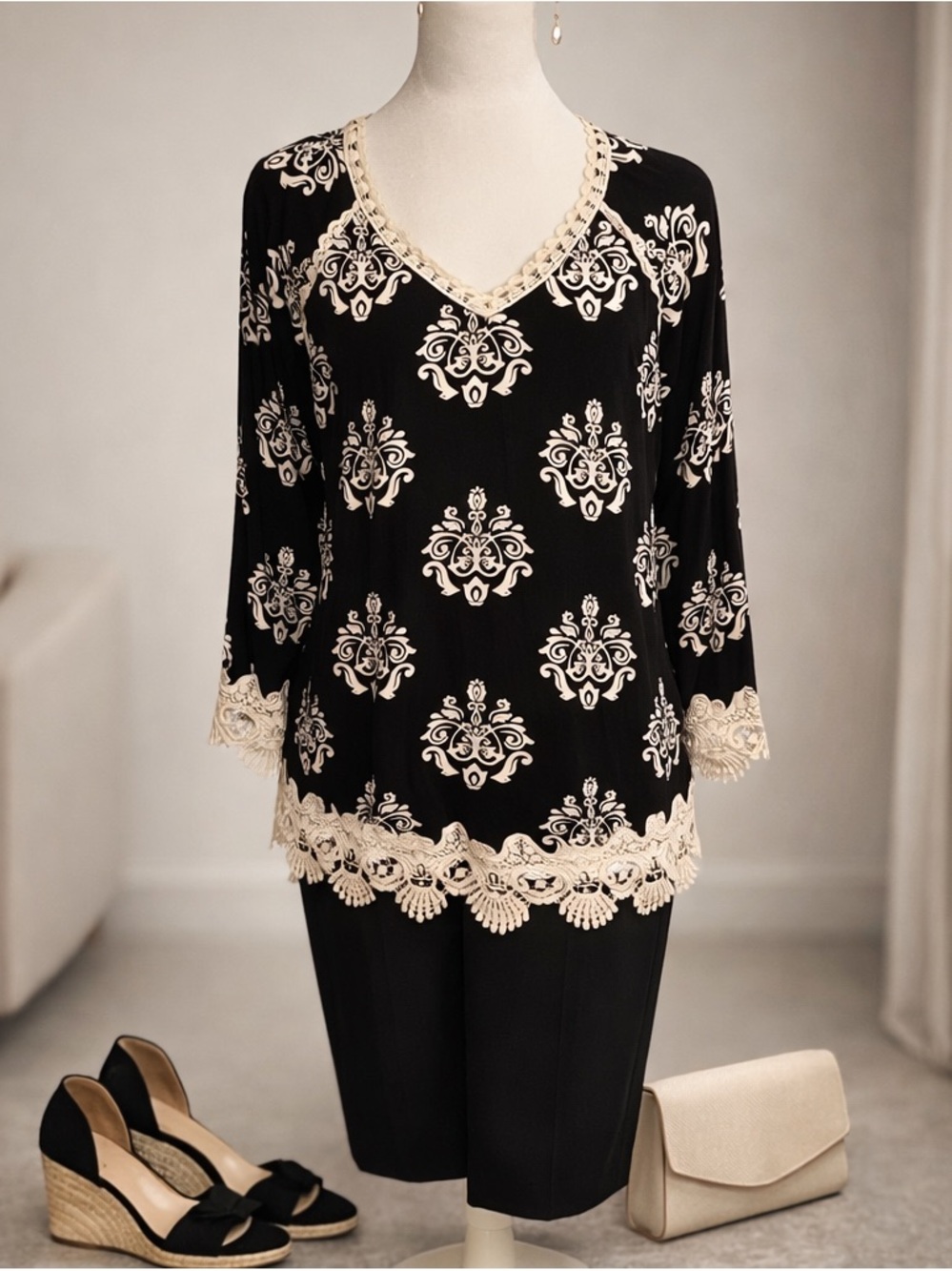 Chico's Black V-Neck Blouse with Cream Lace & Damask Motif